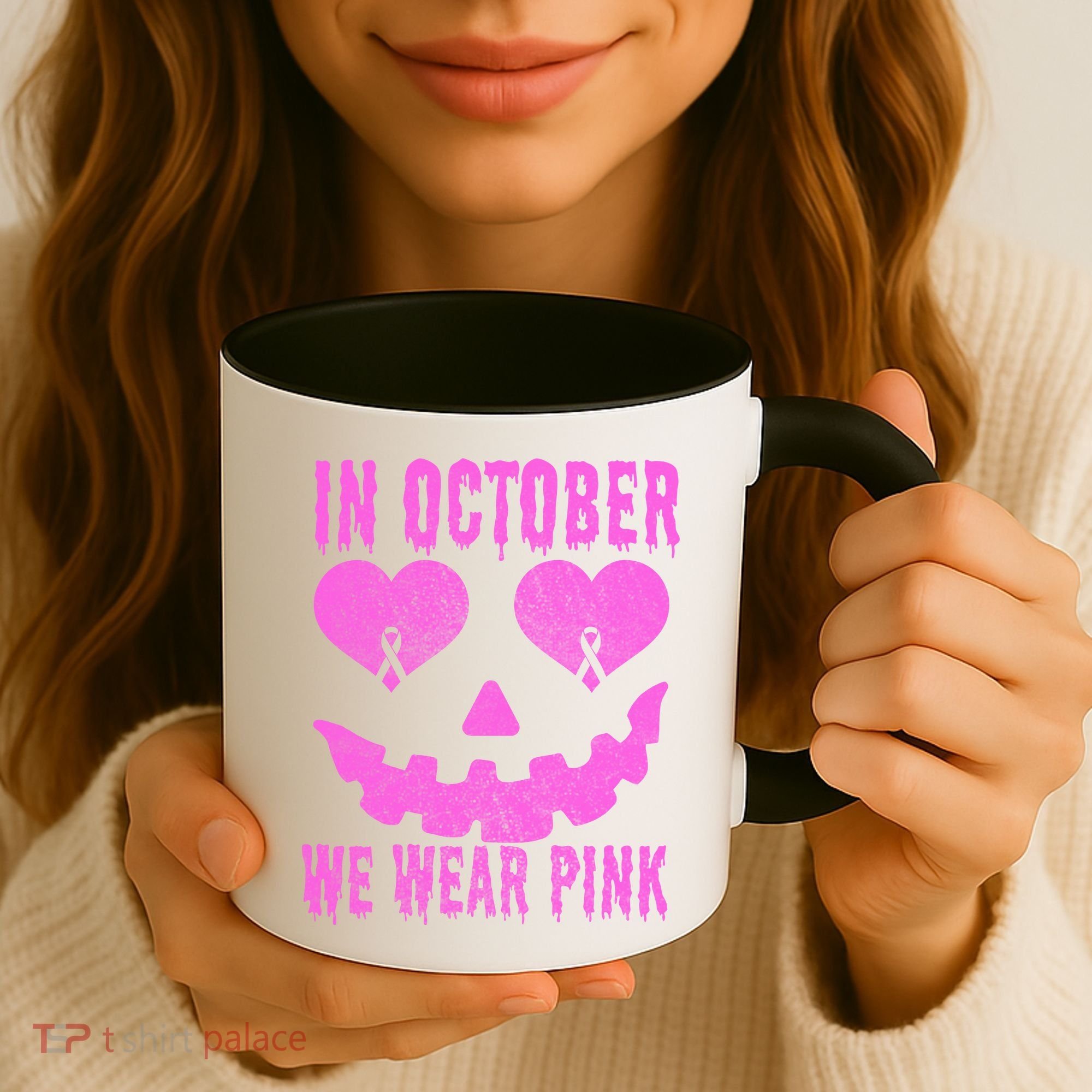 In October We Wear Pink Breast Cancer Pink Jackolantern Halloween Coffee Mug