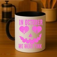 In October We Wear Pink Breast Cancer Pink Jackolantern Halloween Coffee Mug thumb 4