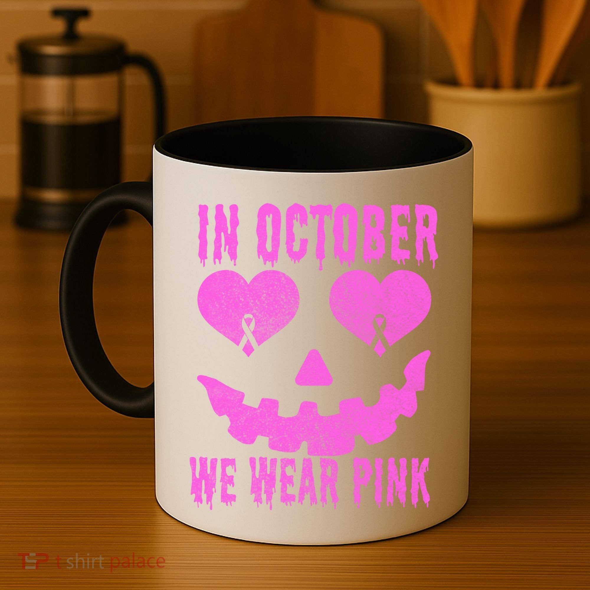 In October We Wear Pink Breast Cancer Pink Jackolantern Halloween Coffee Mug