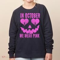 In October We Wear Pink Breast Cancer Pink Jackolantern Halloween Women's Sweatshirt thumb 0
