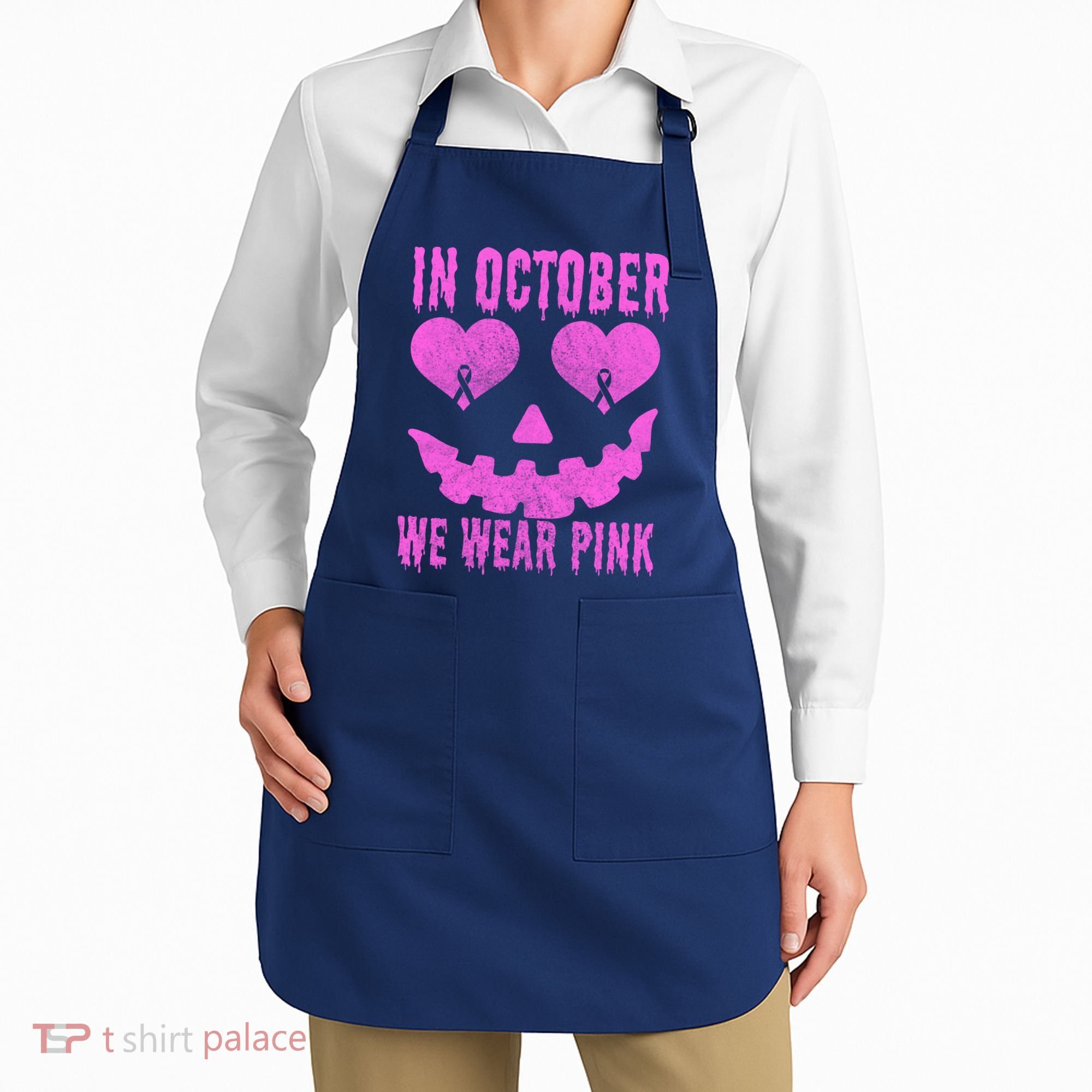 In October We Wear Pink Breast Cancer Pink Jackolantern Halloween Apron