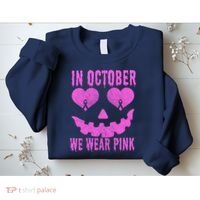 In October We Wear Pink Breast Cancer Pink Jackolantern Halloween Sweatshirt thumb 2