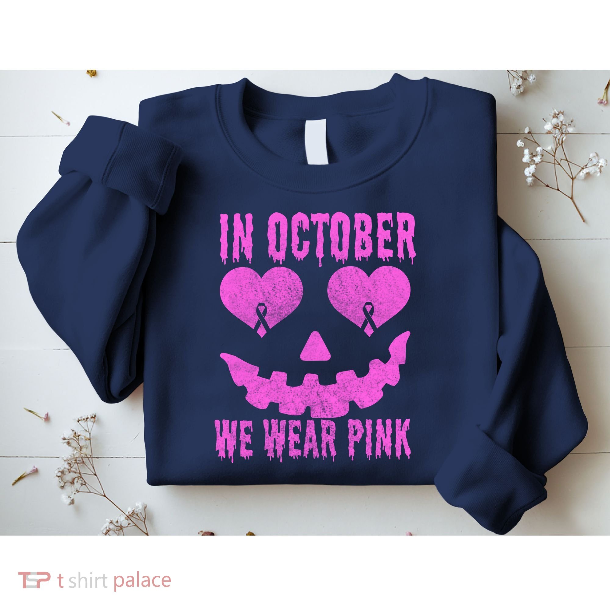 In October We Wear Pink Breast Cancer Pink Jackolantern Halloween Sweatshirt