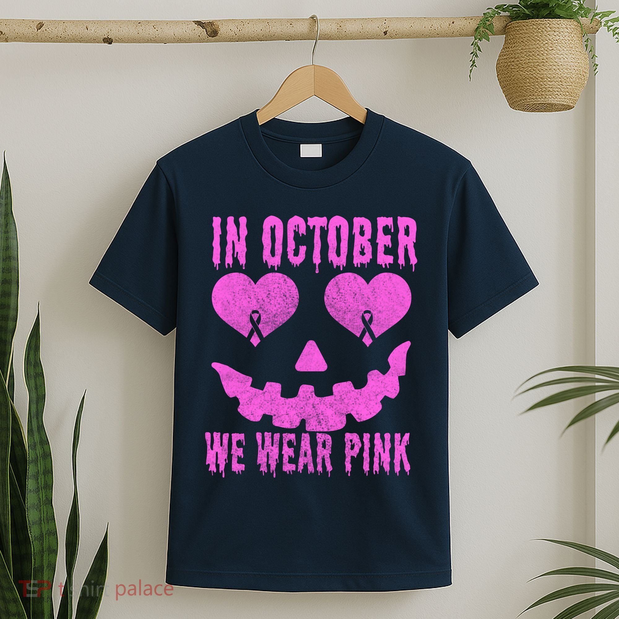 In October We Wear Pink Breast Cancer Pink Jackolantern Halloween T-Shirt