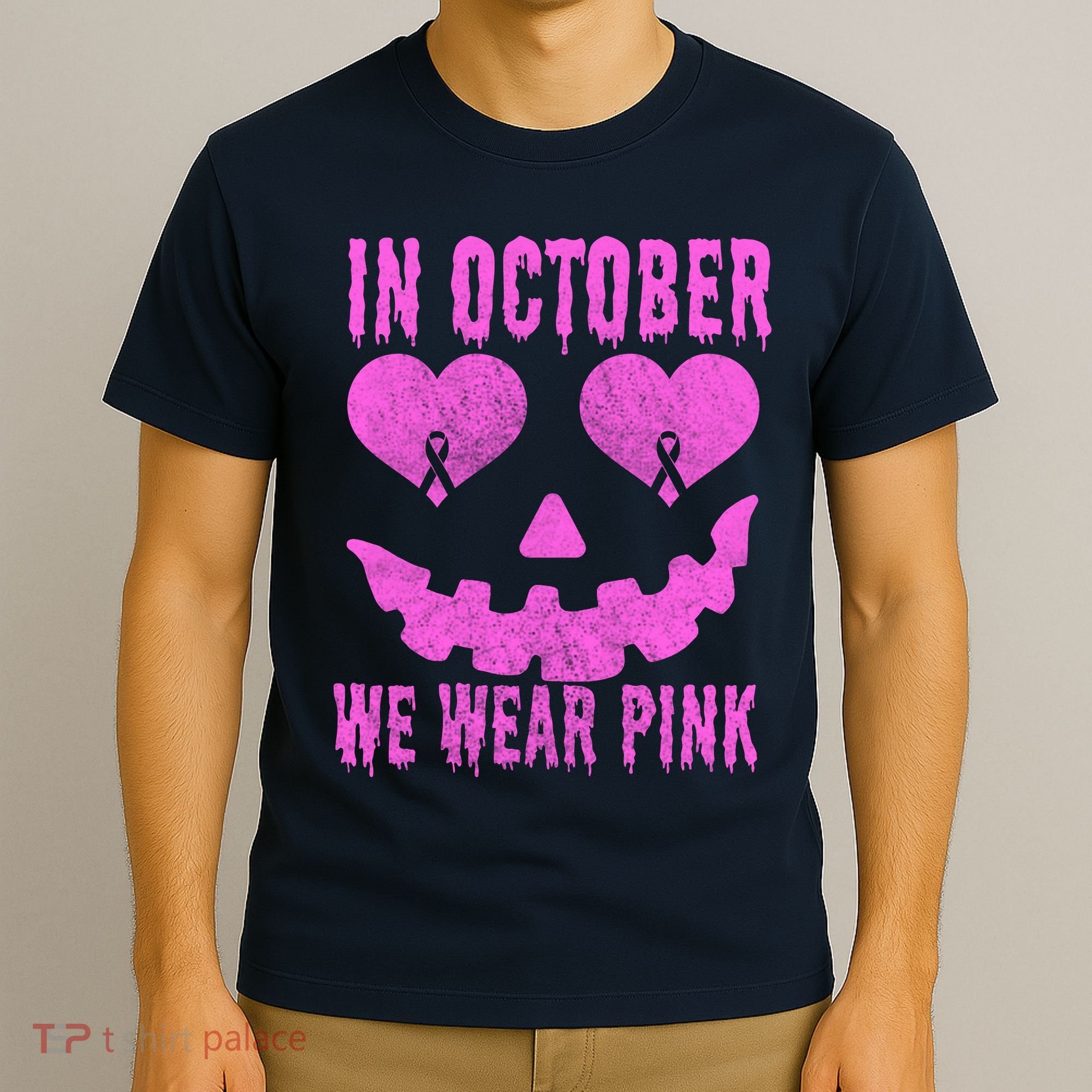 In October We Wear Pink Breast Cancer Pink Jackolantern Halloween T-Shirt