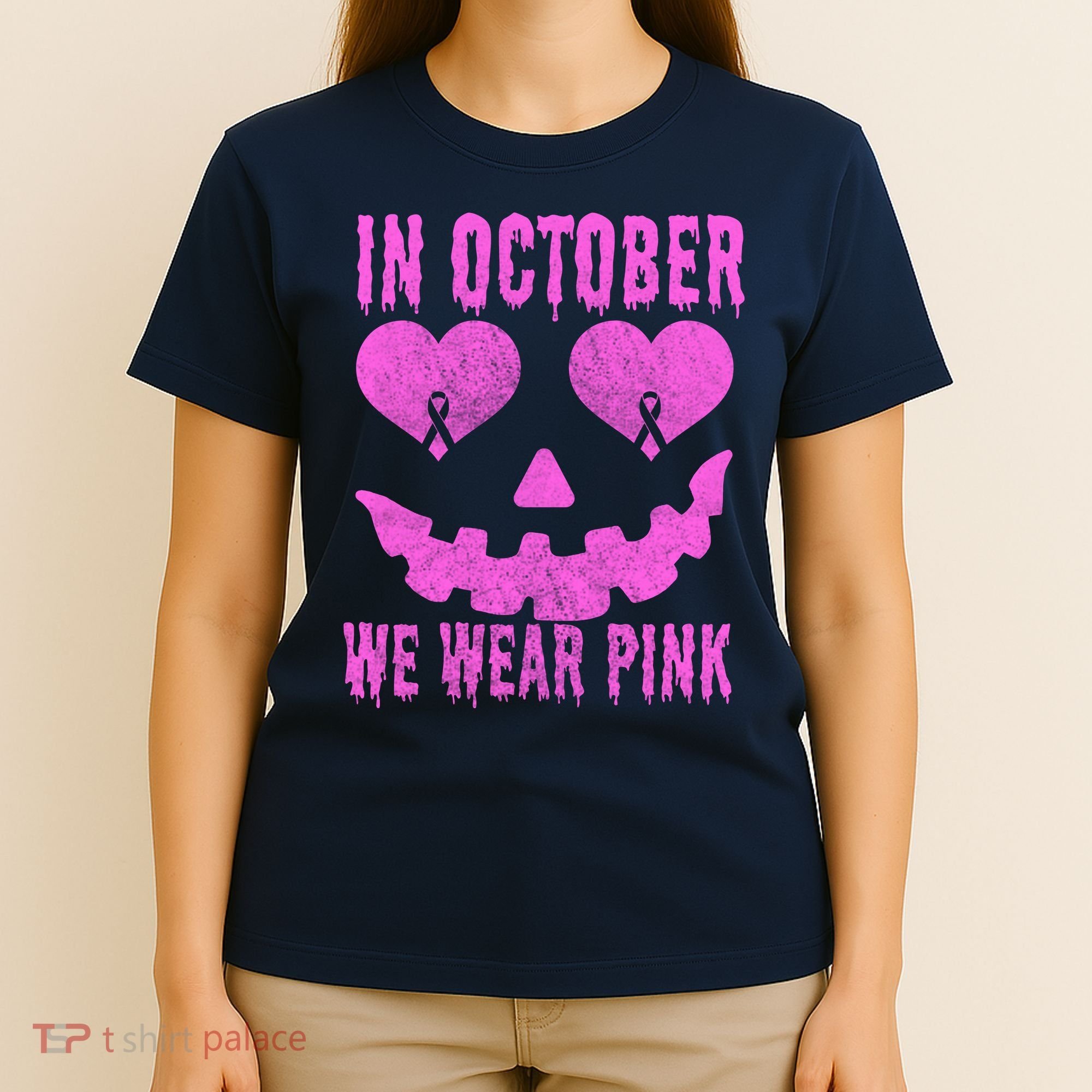 In October We Wear Pink Breast Cancer Pink Jackolantern Halloween T-Shirt