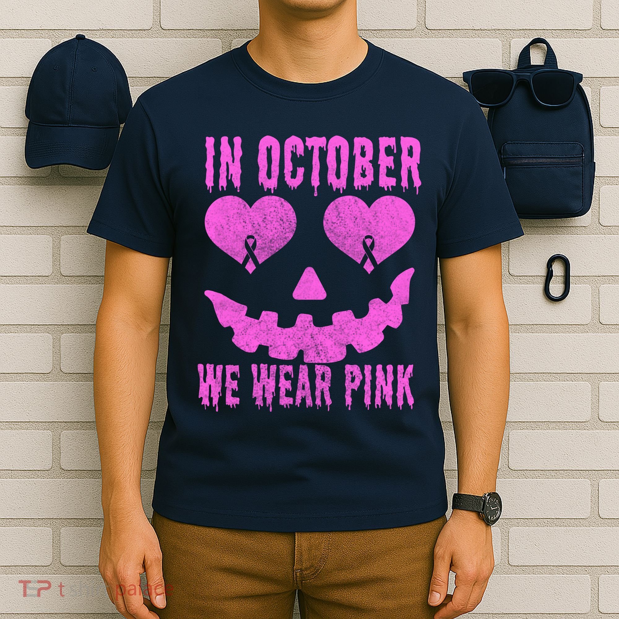 In October We Wear Pink Breast Cancer Pink Jackolantern Halloween T-Shirt