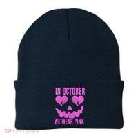 In October We Wear Pink Breast Cancer Pink Jackolantern Halloween Beanie thumb 0