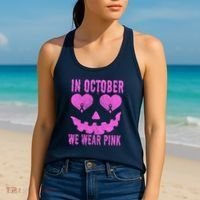 In October We Wear Pink Breast Cancer Pink Jackolantern Halloween Women's Tank Top thumb 2
