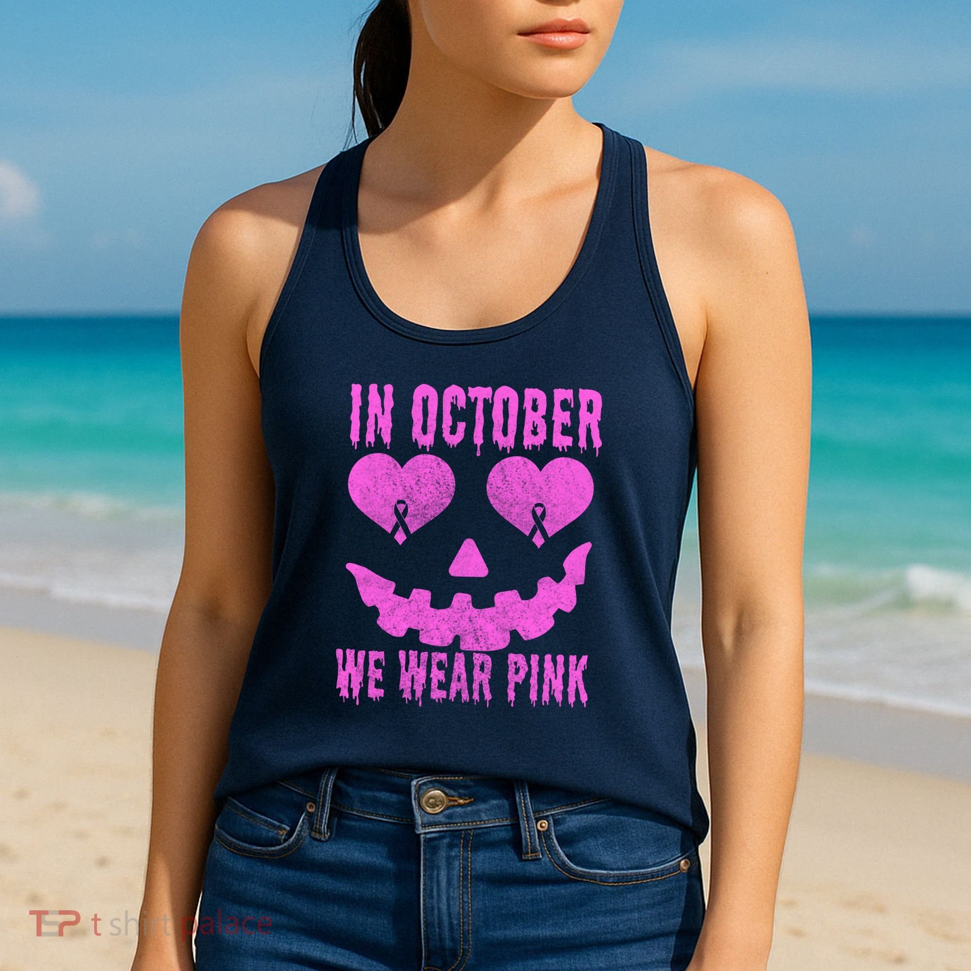 In October We Wear Pink Breast Cancer Pink Jackolantern Halloween Women's Tank Top
