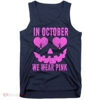 In October We Wear Pink Breast Cancer Pink Jackolantern Halloween Tank Top thumb 0