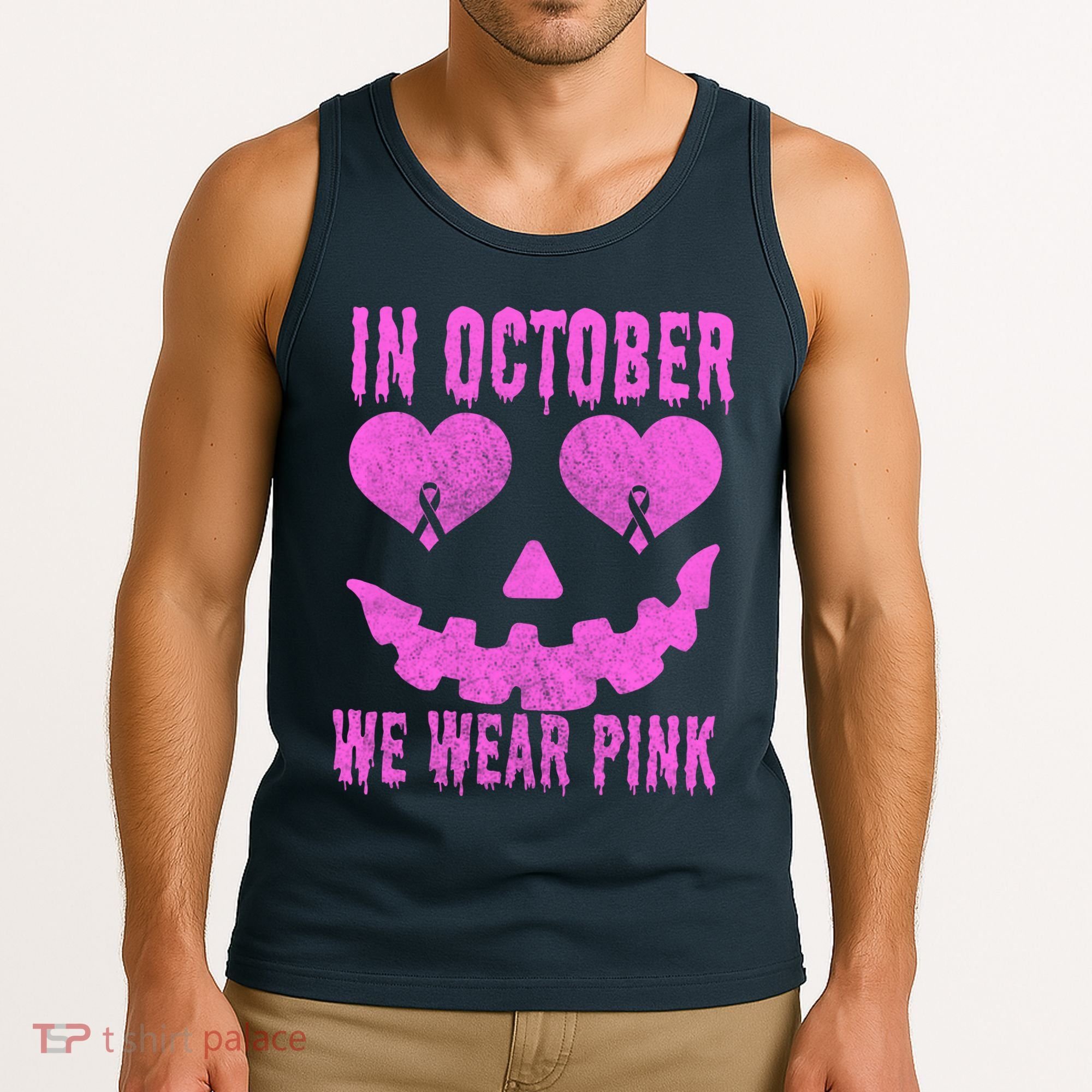 In October We Wear Pink Breast Cancer Pink Jackolantern Halloween Tank Top