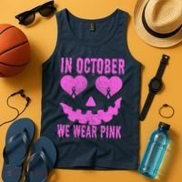 In October We Wear Pink Breast Cancer Pink Jackolantern Halloween Tank Top thumb 4