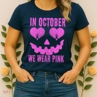 In October We Wear Pink Breast Cancer Pink Jackolantern Halloween Women's T-Shirt thumb 2