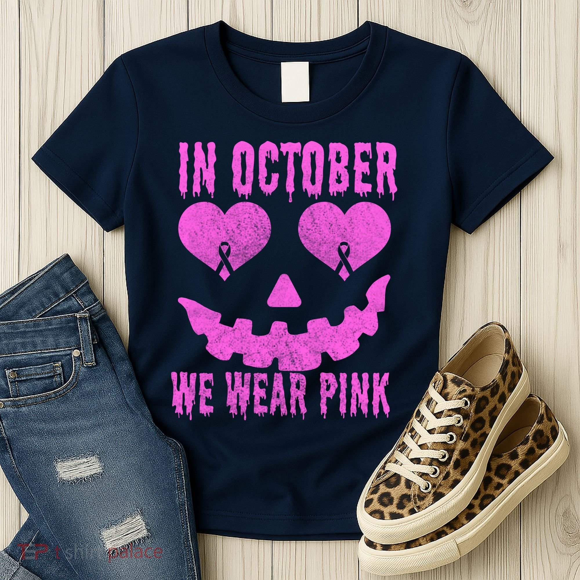 In October We Wear Pink Breast Cancer Pink Jackolantern Halloween Women's T-Shirt