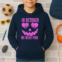 In October We Wear Pink Breast Cancer Pink Jackolantern Halloween Kids Hoodie thumb 2