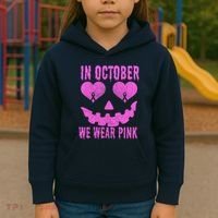 In October We Wear Pink Breast Cancer Pink Jackolantern Halloween Kids Hoodie thumb 3