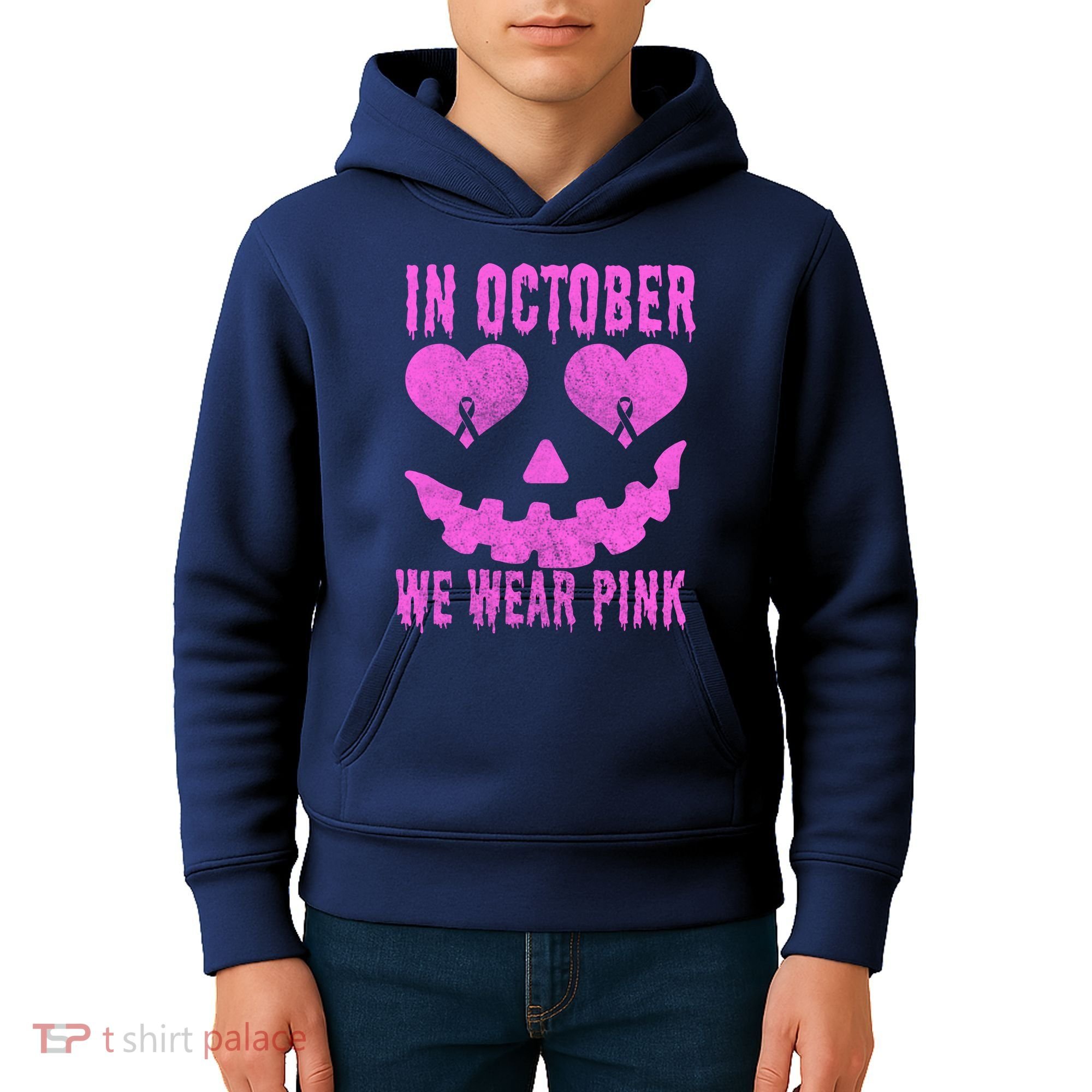 In October We Wear Pink Breast Cancer Pink Jackolantern Halloween Kids Hoodie
