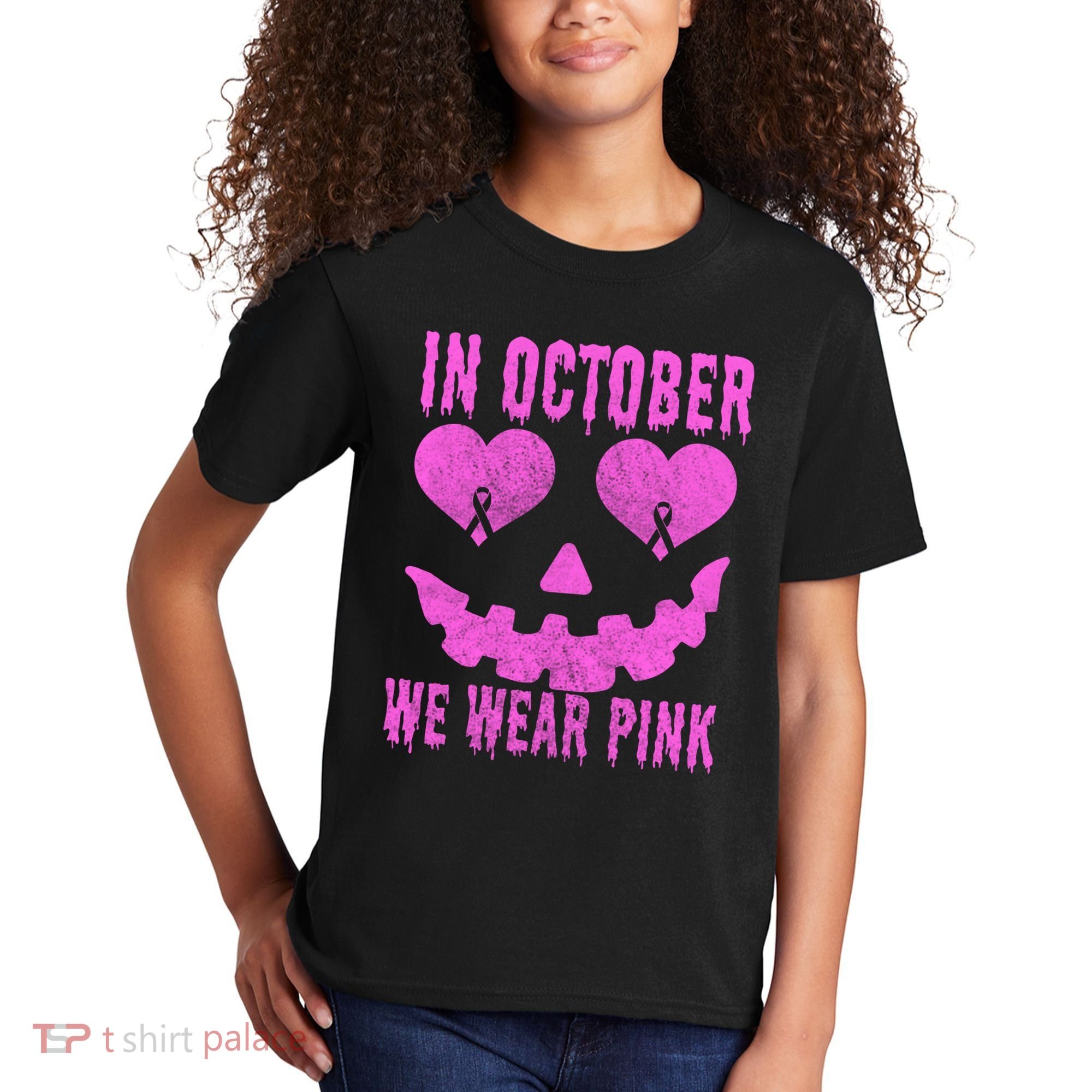 In October We Wear Pink Breast Cancer Pink Jackolantern Halloween Kids T-Shirt