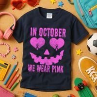 In October We Wear Pink Breast Cancer Pink Jackolantern Halloween Kids T-Shirt thumb 3