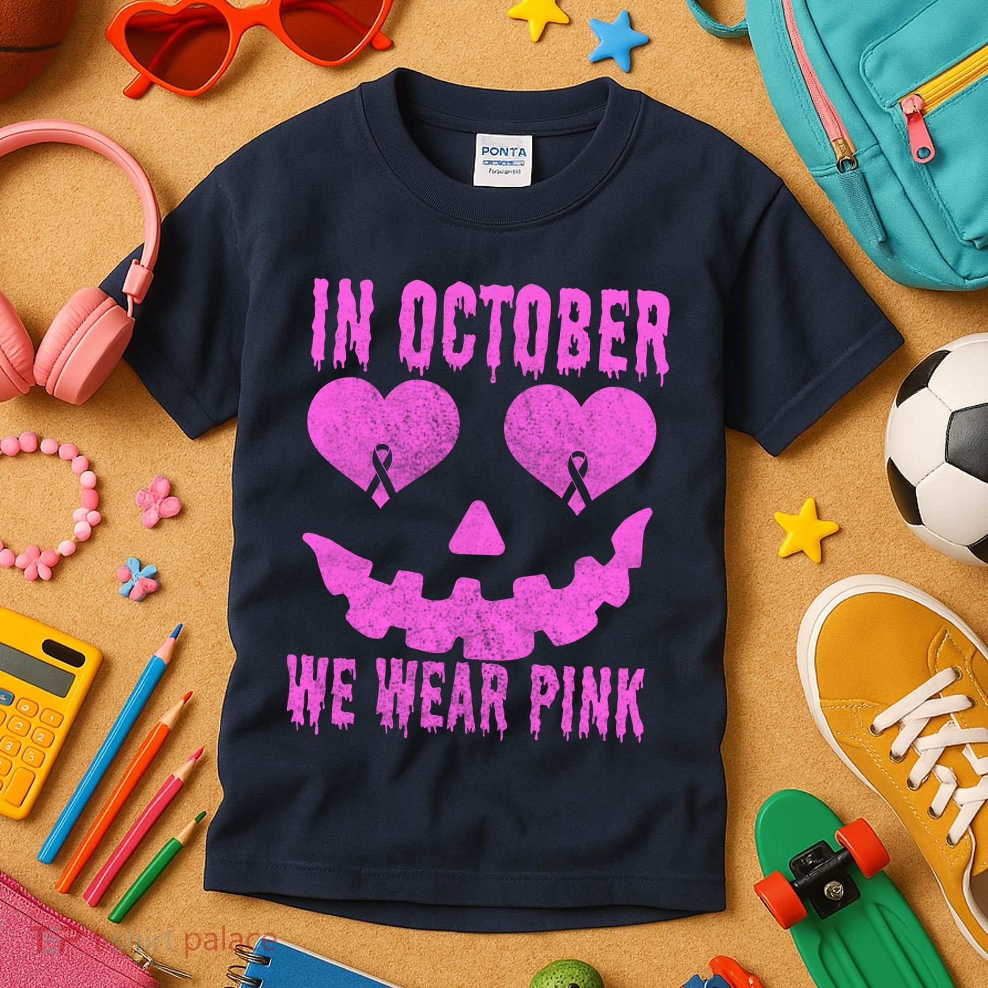 In October We Wear Pink Breast Cancer Pink Jackolantern Halloween Kids T-Shirt