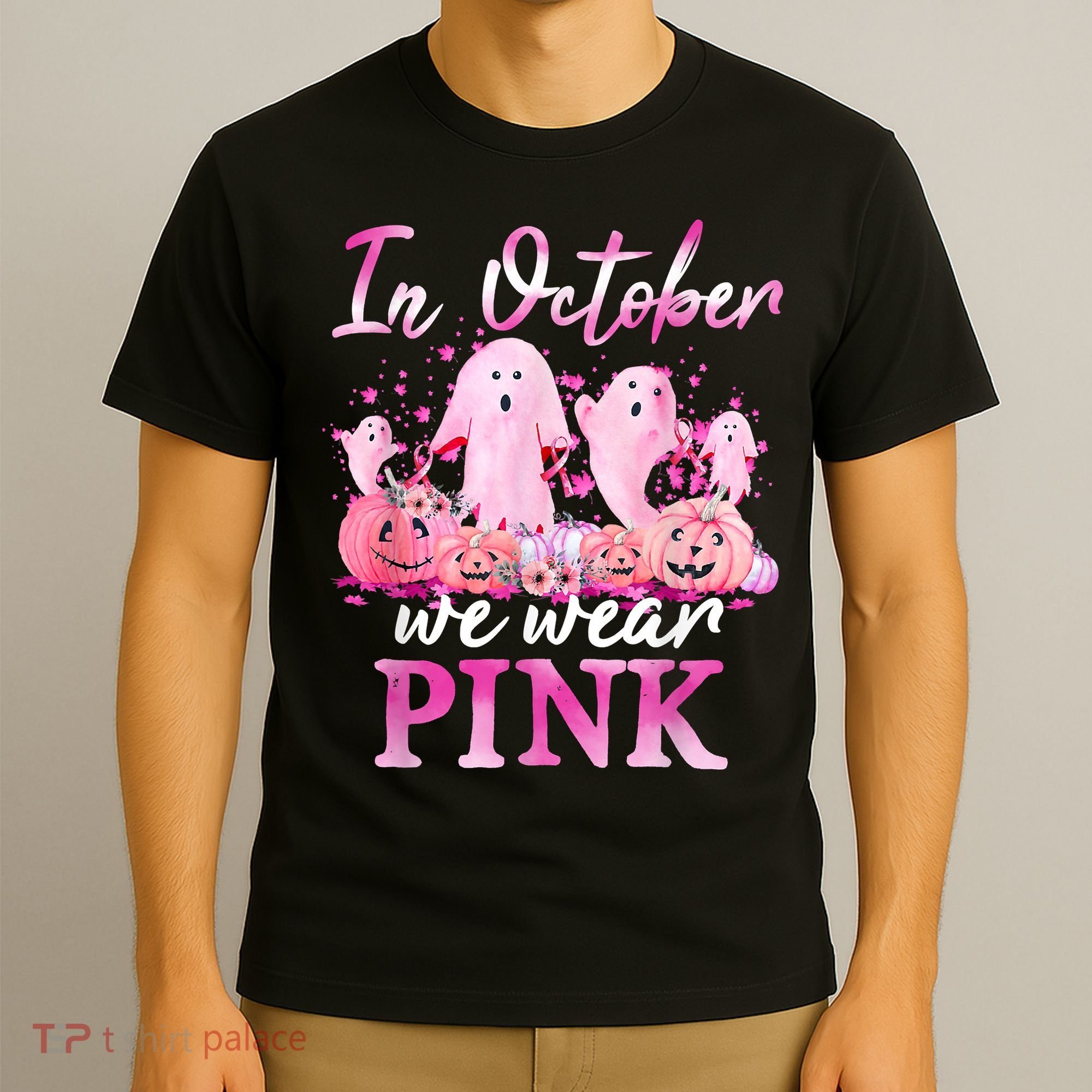 In October We Wear Pink Ghost Pumpkin Breast Cancer Warrior T-Shirt