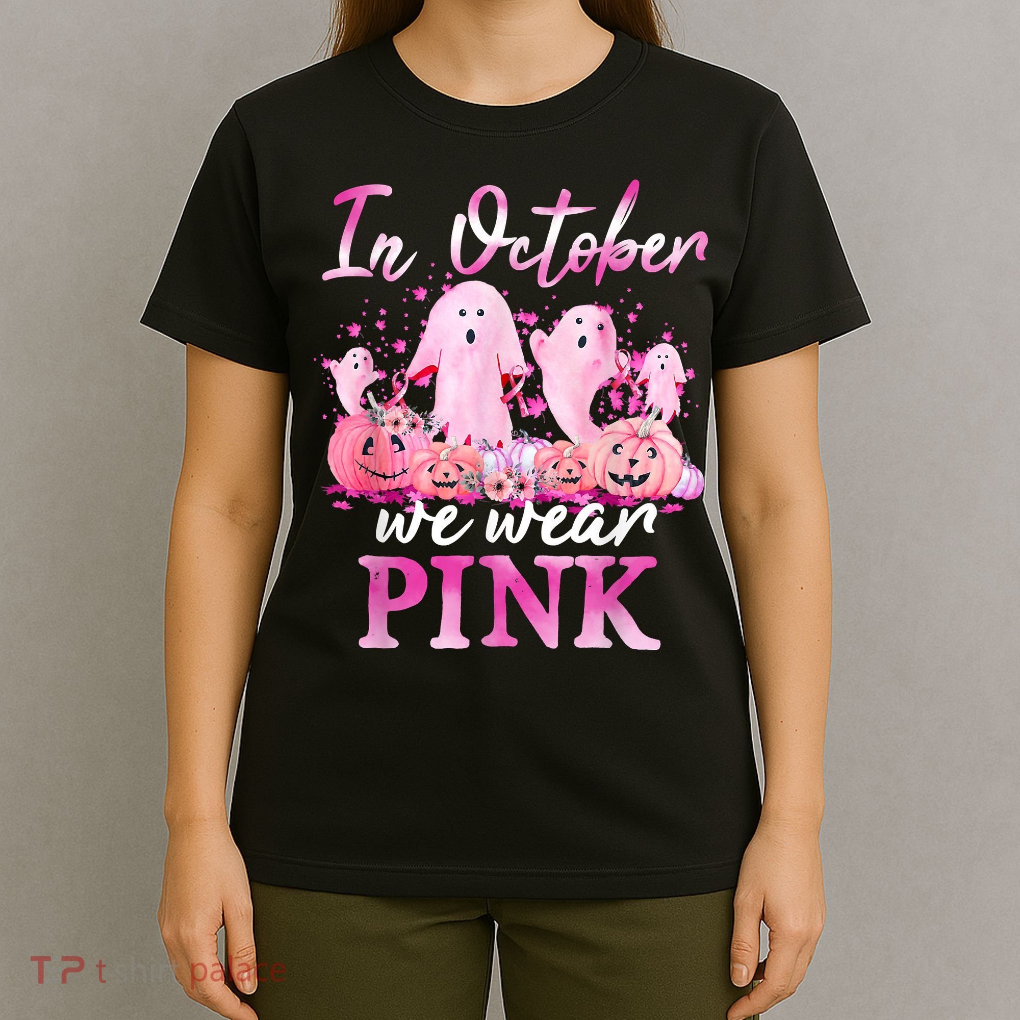 In October We Wear Pink Ghost Pumpkin Breast Cancer Warrior T-Shirt