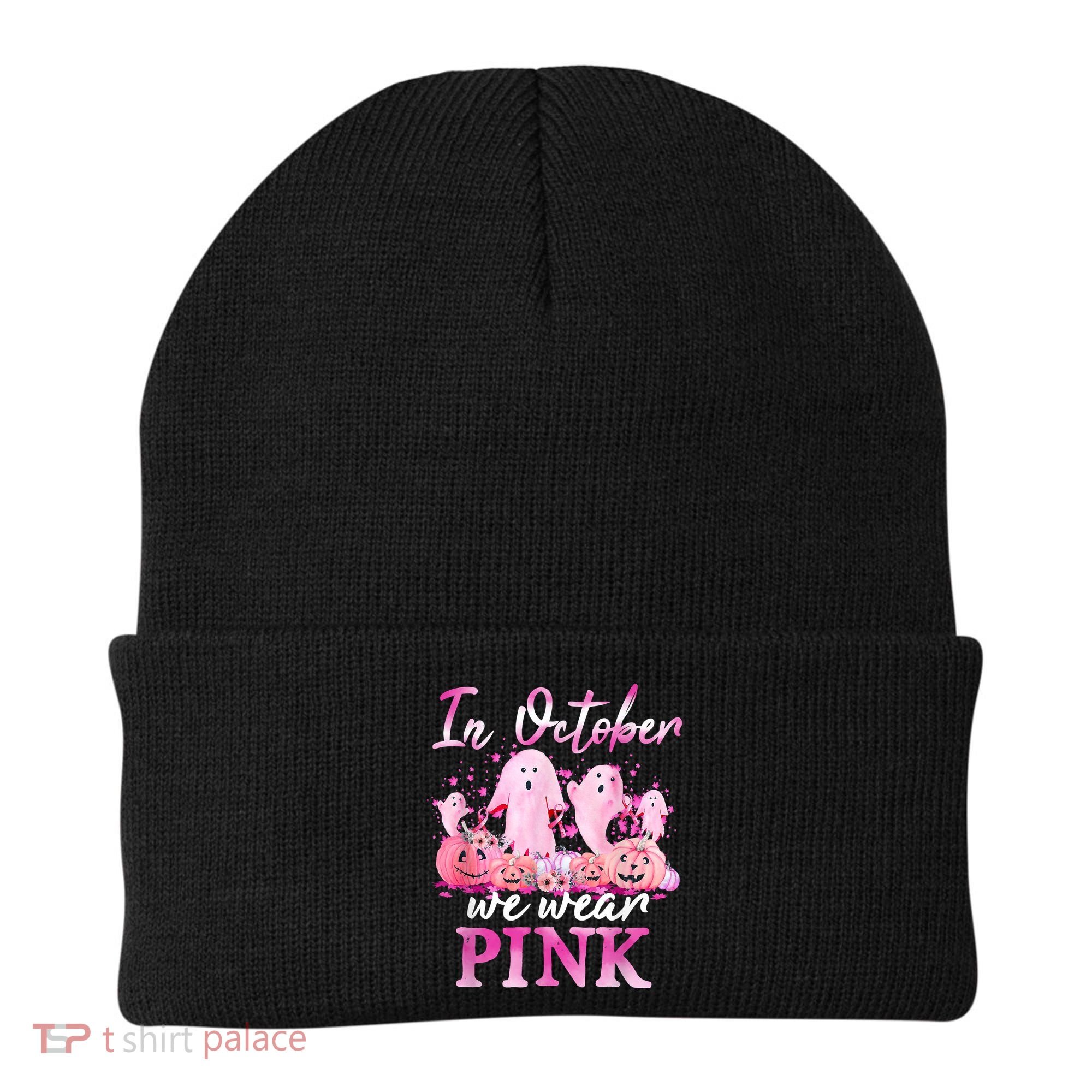 In October We Wear Pink Ghost Pumpkin Breast Cancer Warrior Beanie