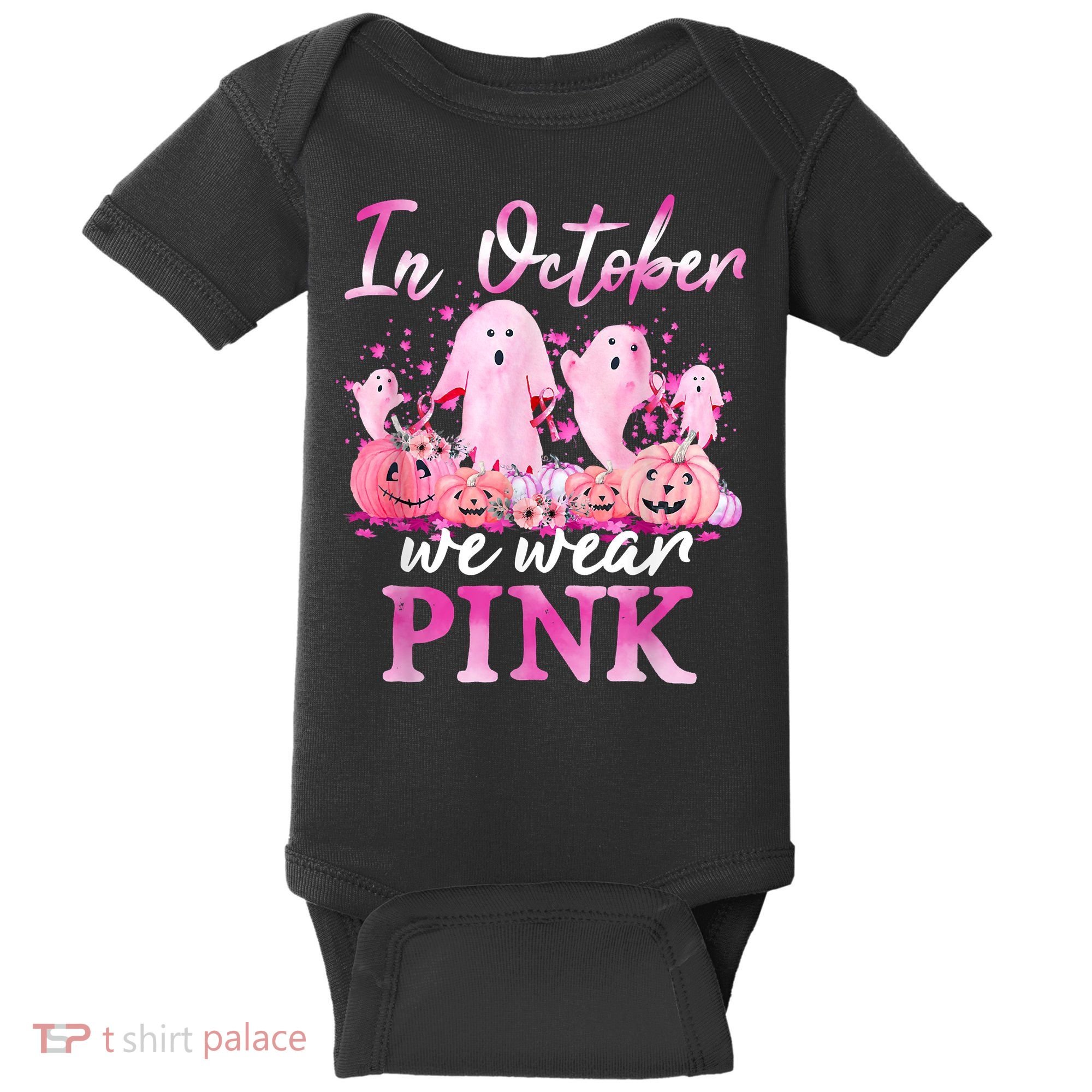 In October We Wear Pink Ghost Pumpkin Breast Cancer Warrior Baby Bodysuit