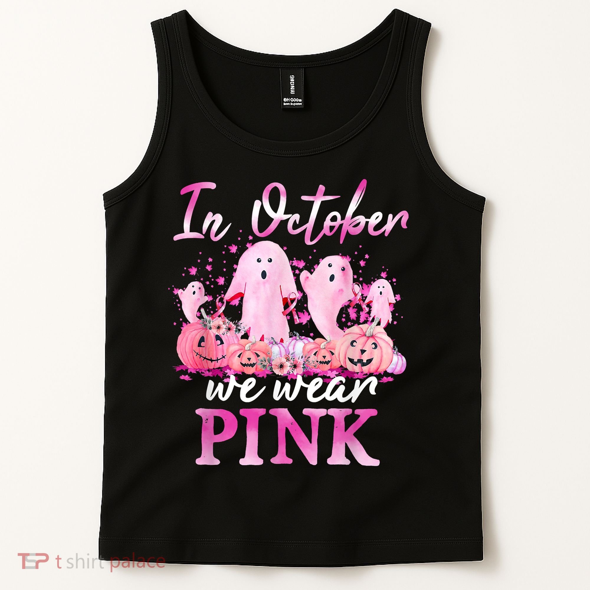 In October We Wear Pink Ghost Pumpkin Breast Cancer Warrior Tank Top