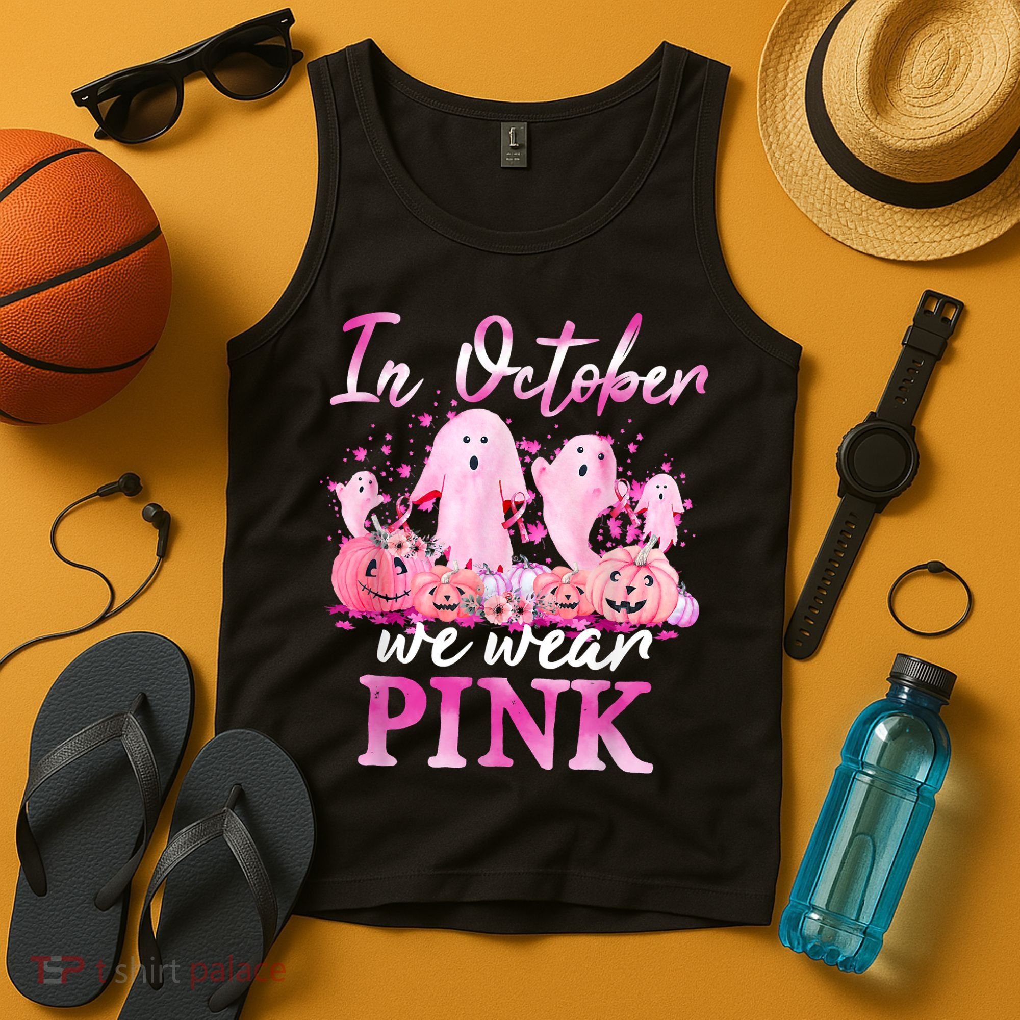 In October We Wear Pink Ghost Pumpkin Breast Cancer Warrior Tank Top