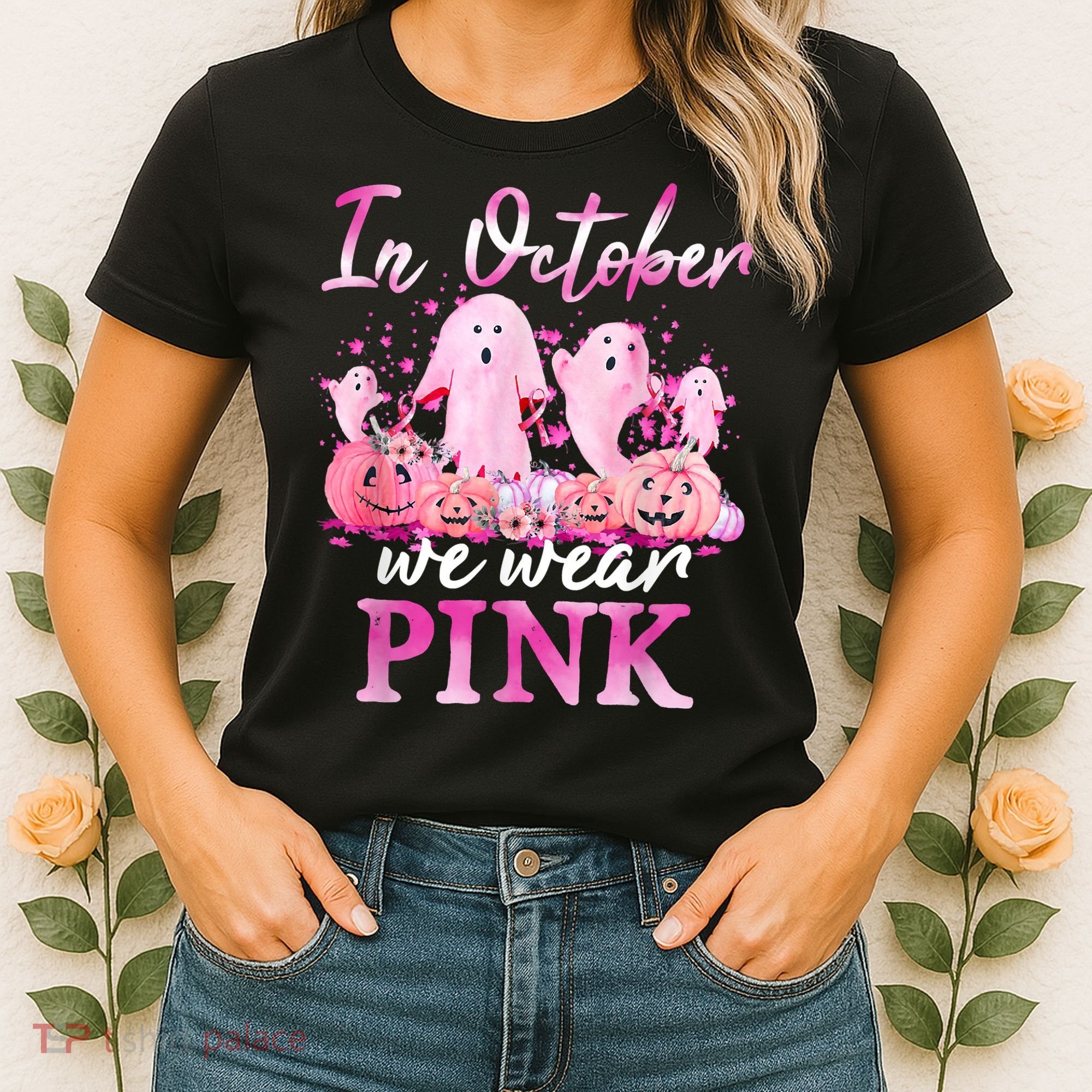 In October We Wear Pink Ghost Pumpkin Breast Cancer Warrior Women's T-Shirt