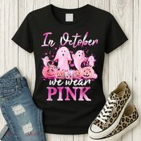 In October We Wear Pink Ghost Pumpkin Breast Cancer Warrior Women's T-Shirt thumb 3