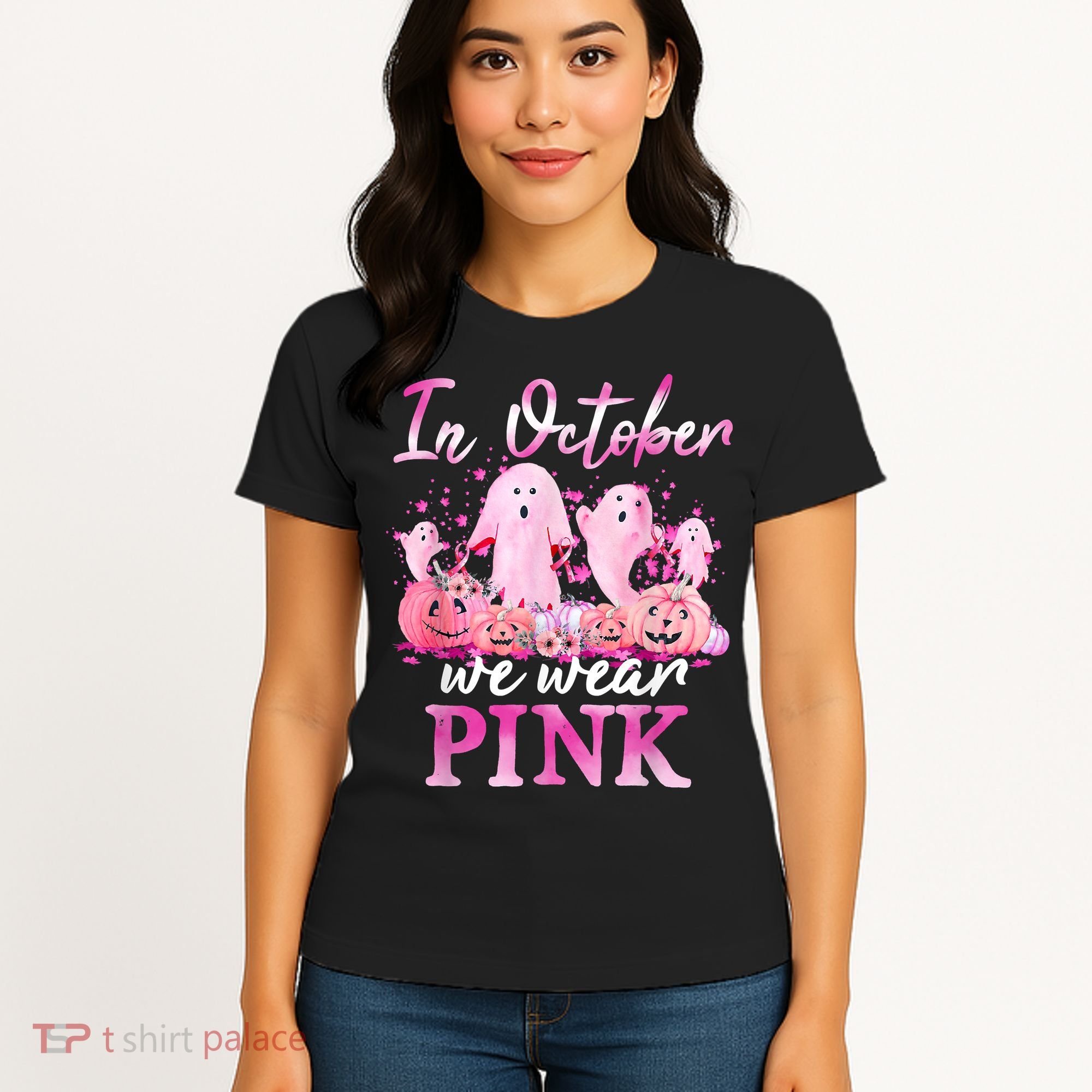 In October We Wear Pink Ghost Pumpkin Breast Cancer Warrior Women's T-Shirt