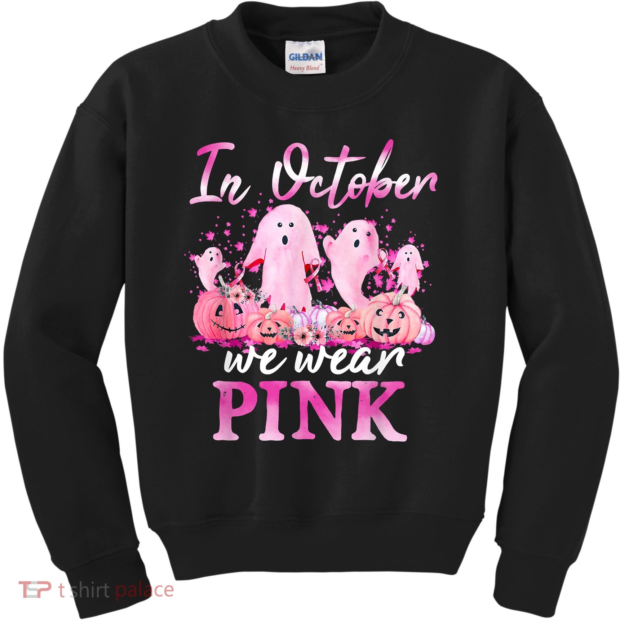 In October We Wear Pink Ghost Pumpkin Breast Cancer Warrior Kids Sweatshirt