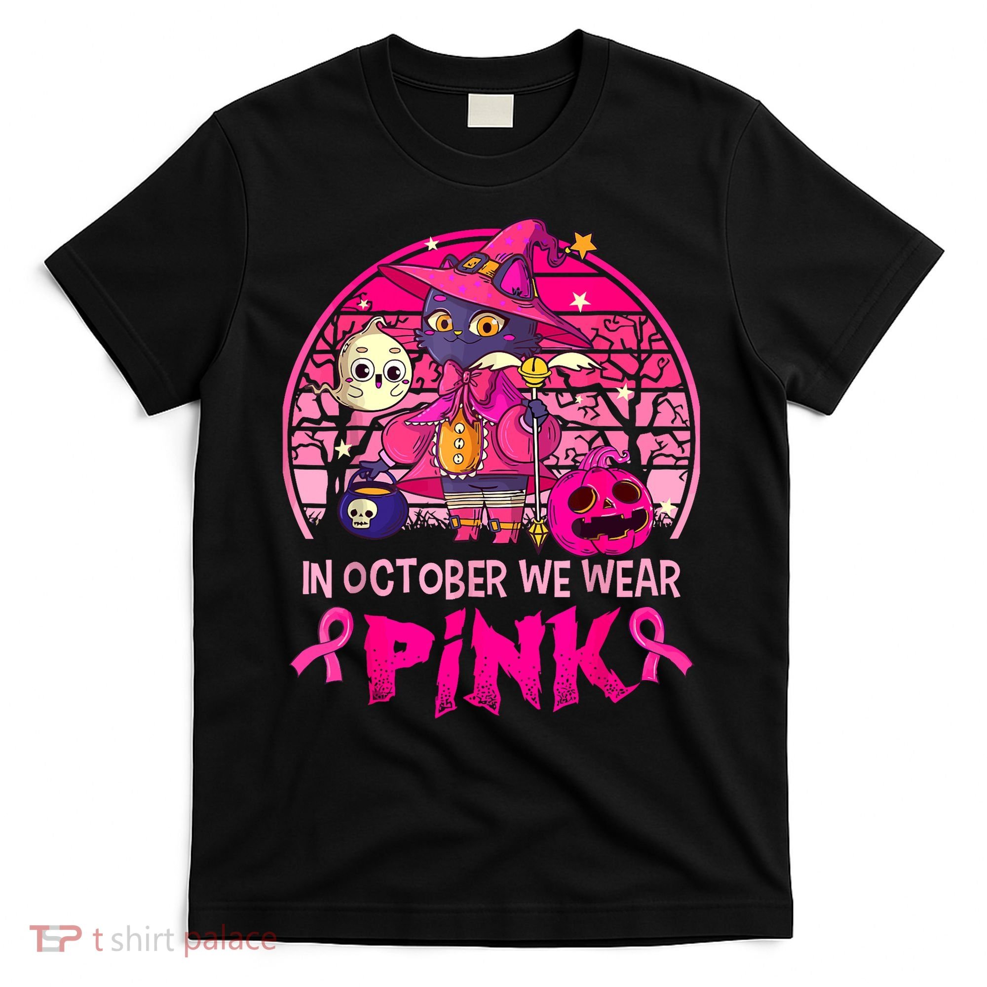 In October We Wear Pink Witch Cat Breast Cancer Awareness T-Shirt