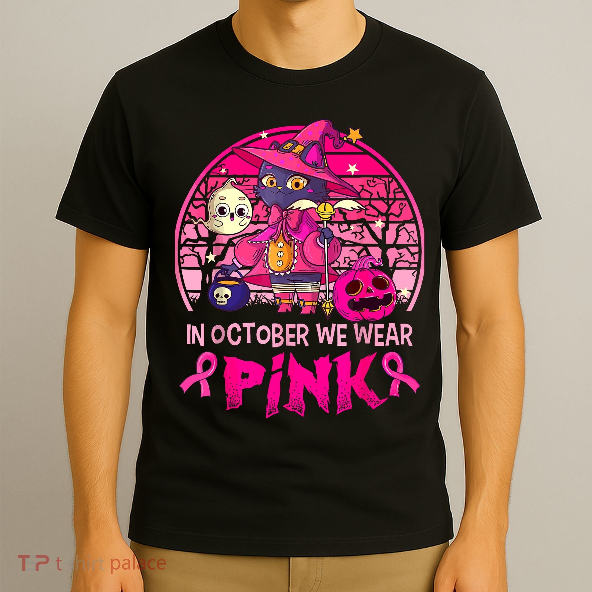 In October We Wear Pink Witch Cat Breast Cancer Awareness T-Shirt