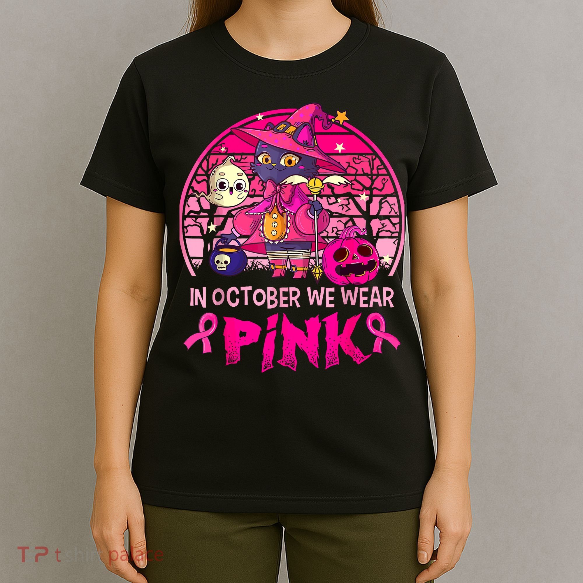 In October We Wear Pink Witch Cat Breast Cancer Awareness T-Shirt