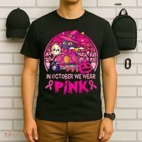In October We Wear Pink Witch Cat Breast Cancer Awareness T-Shirt thumb 6