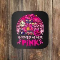 In October We Wear Pink Witch Cat Breast Cancer Awareness Coaster thumb 0