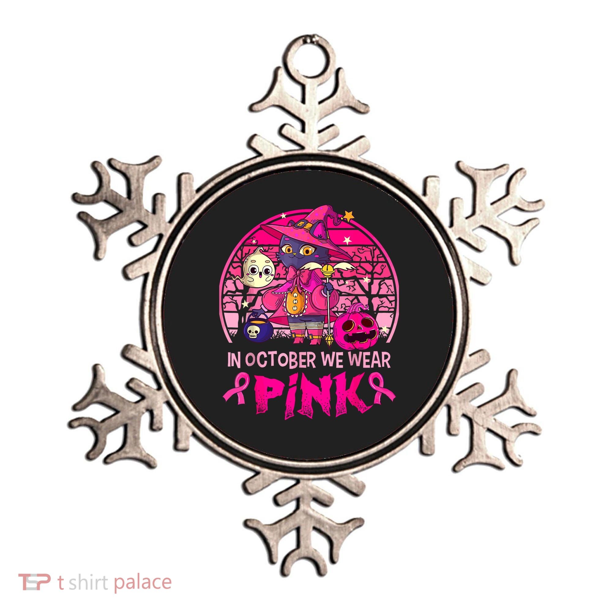 In October We Wear Pink Witch Cat Breast Cancer Awareness Ornament