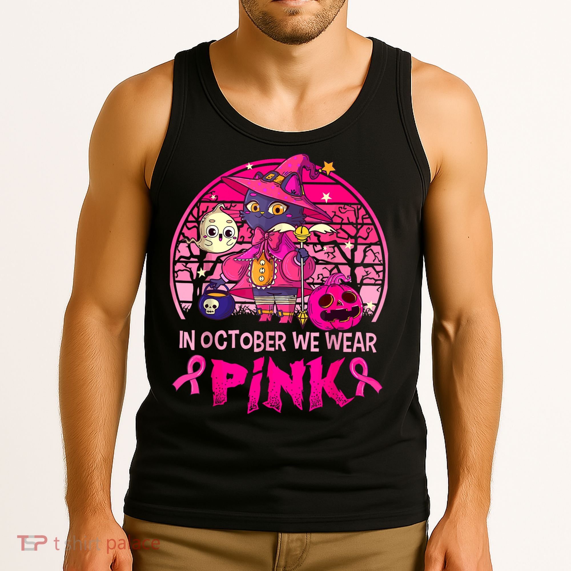 In October We Wear Pink Witch Cat Breast Cancer Awareness Tank Top