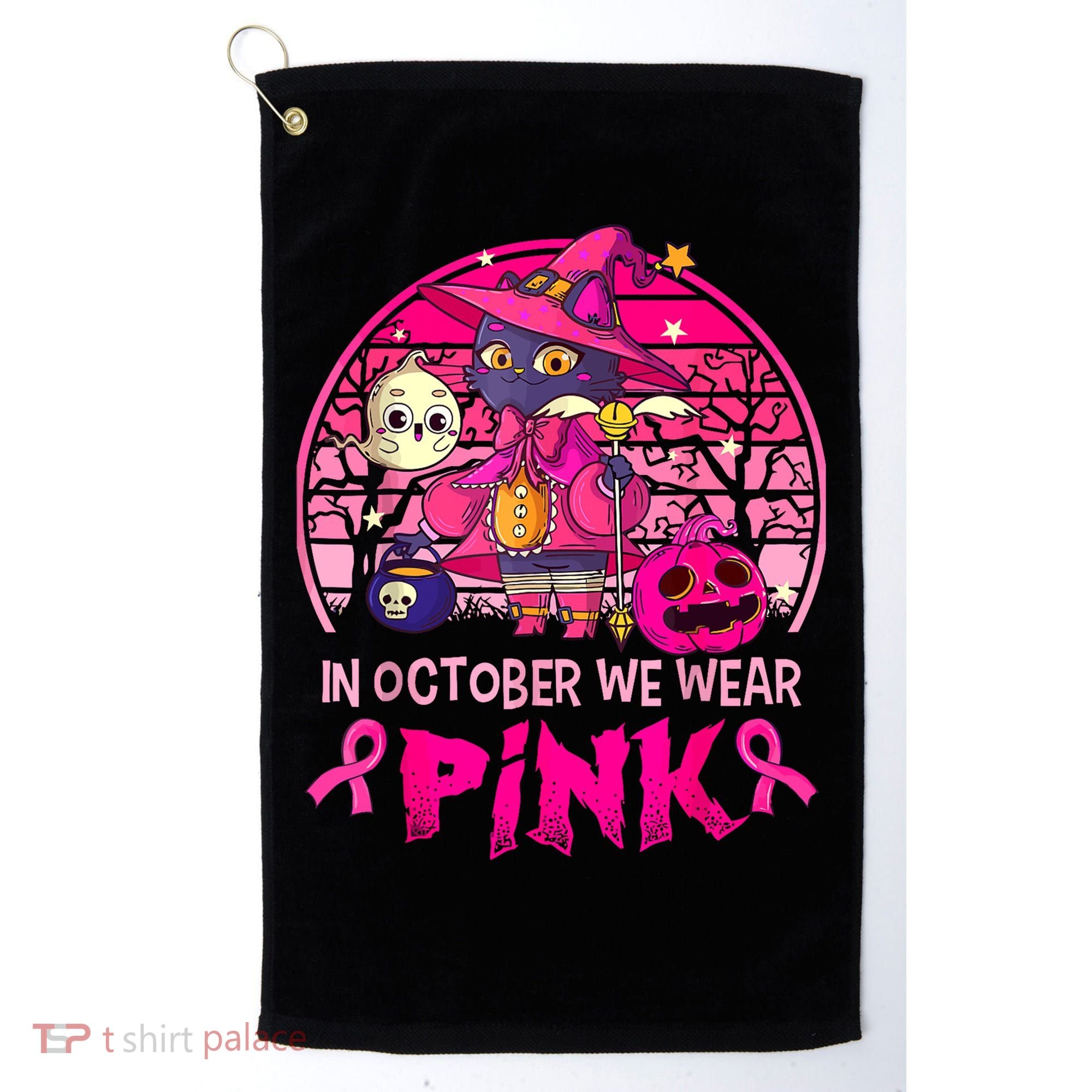 In October We Wear Pink Witch Cat Breast Cancer Awareness Golf Towel