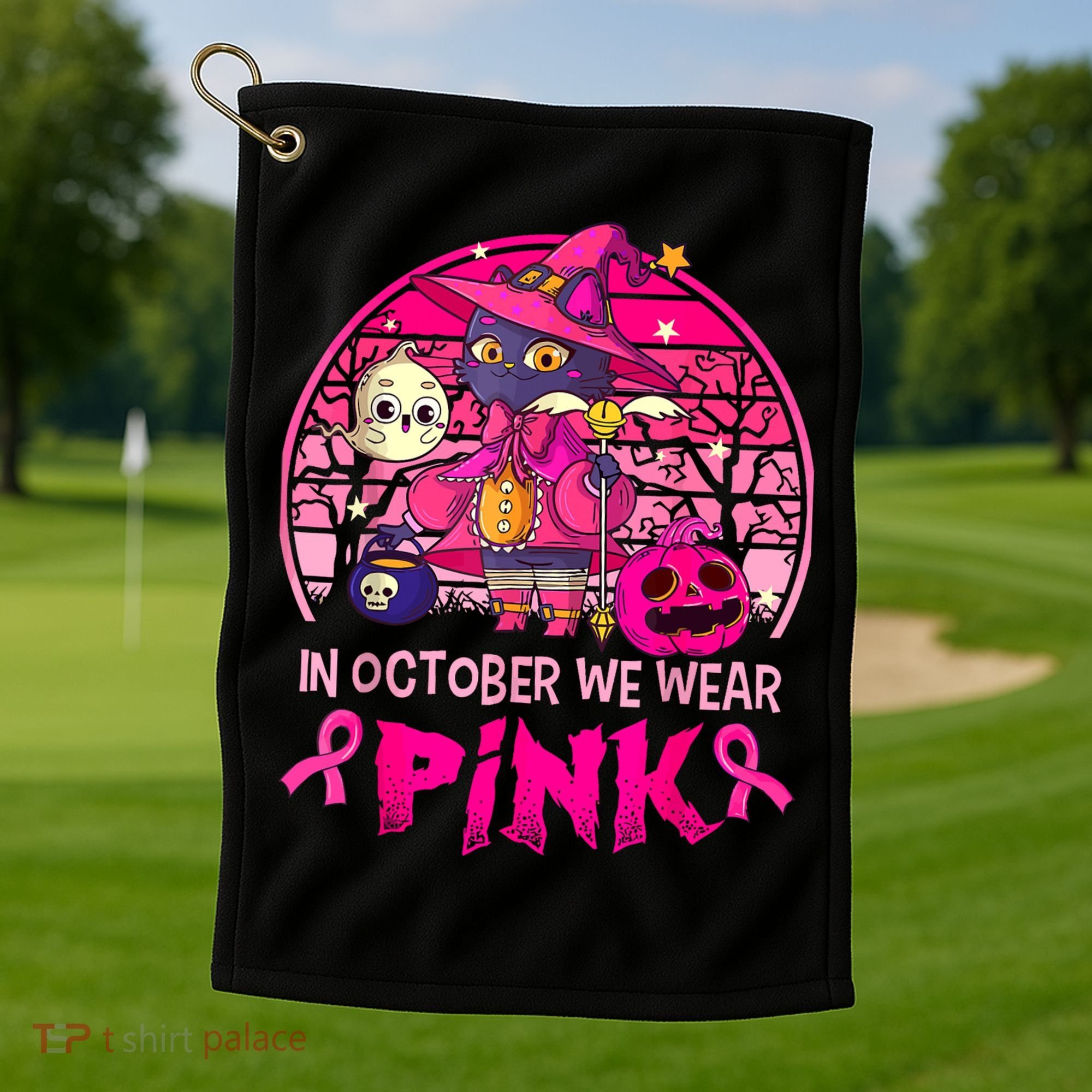 In October We Wear Pink Witch Cat Breast Cancer Awareness Golf Towel