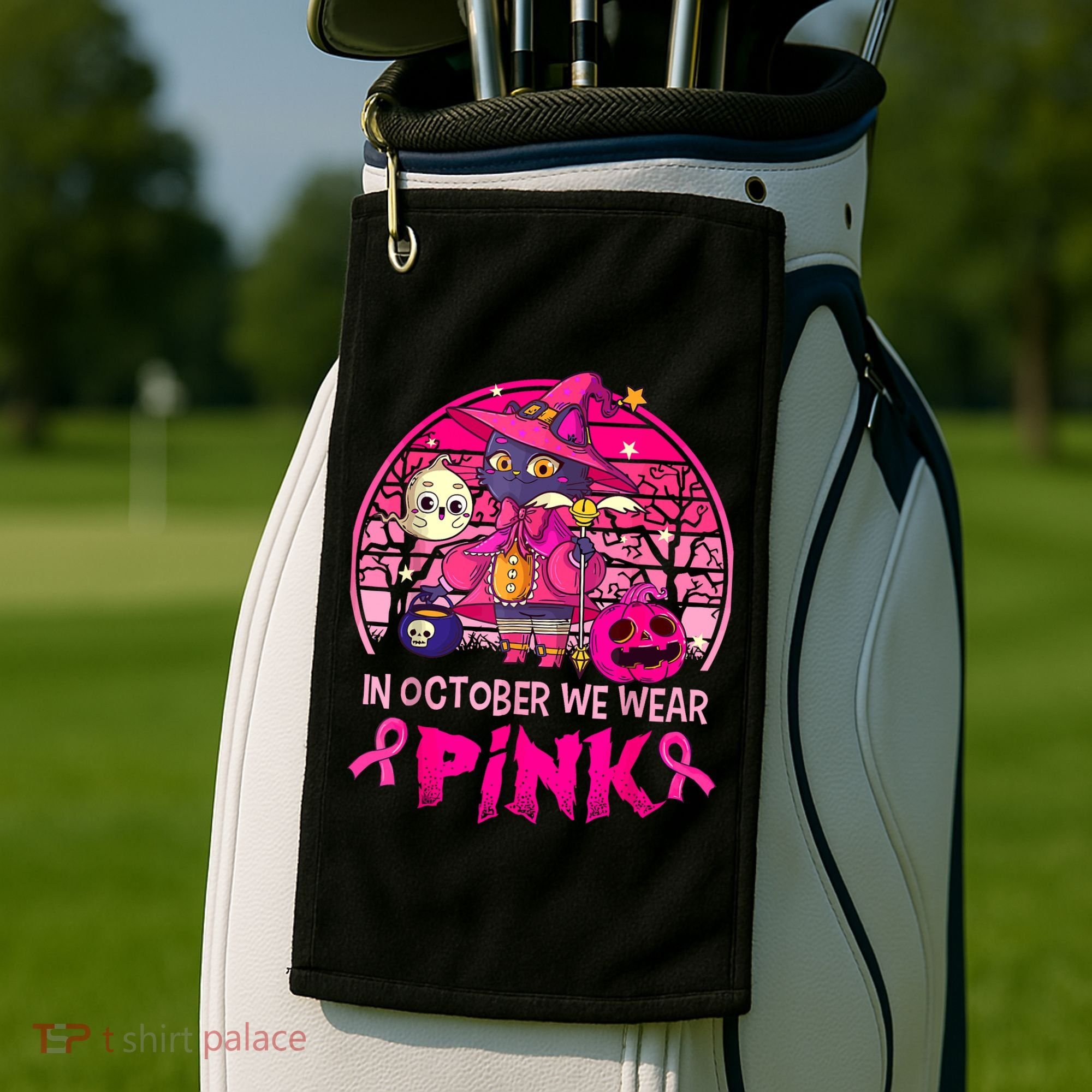 In October We Wear Pink Witch Cat Breast Cancer Awareness Golf Towel