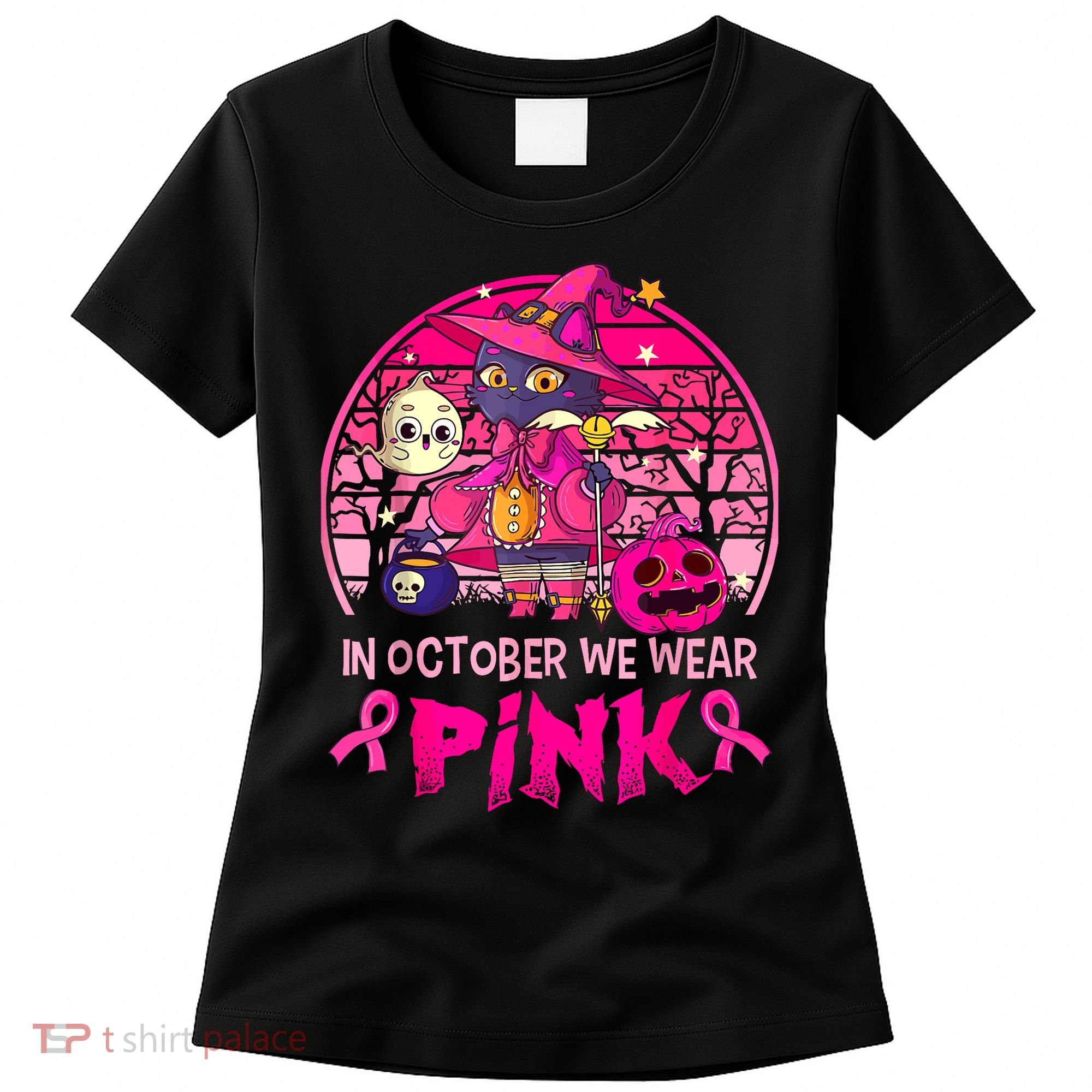In October We Wear Pink Witch Cat Breast Cancer Awareness Women's T-Shirt