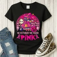 In October We Wear Pink Witch Cat Breast Cancer Awareness Women's T-Shirt thumb 3