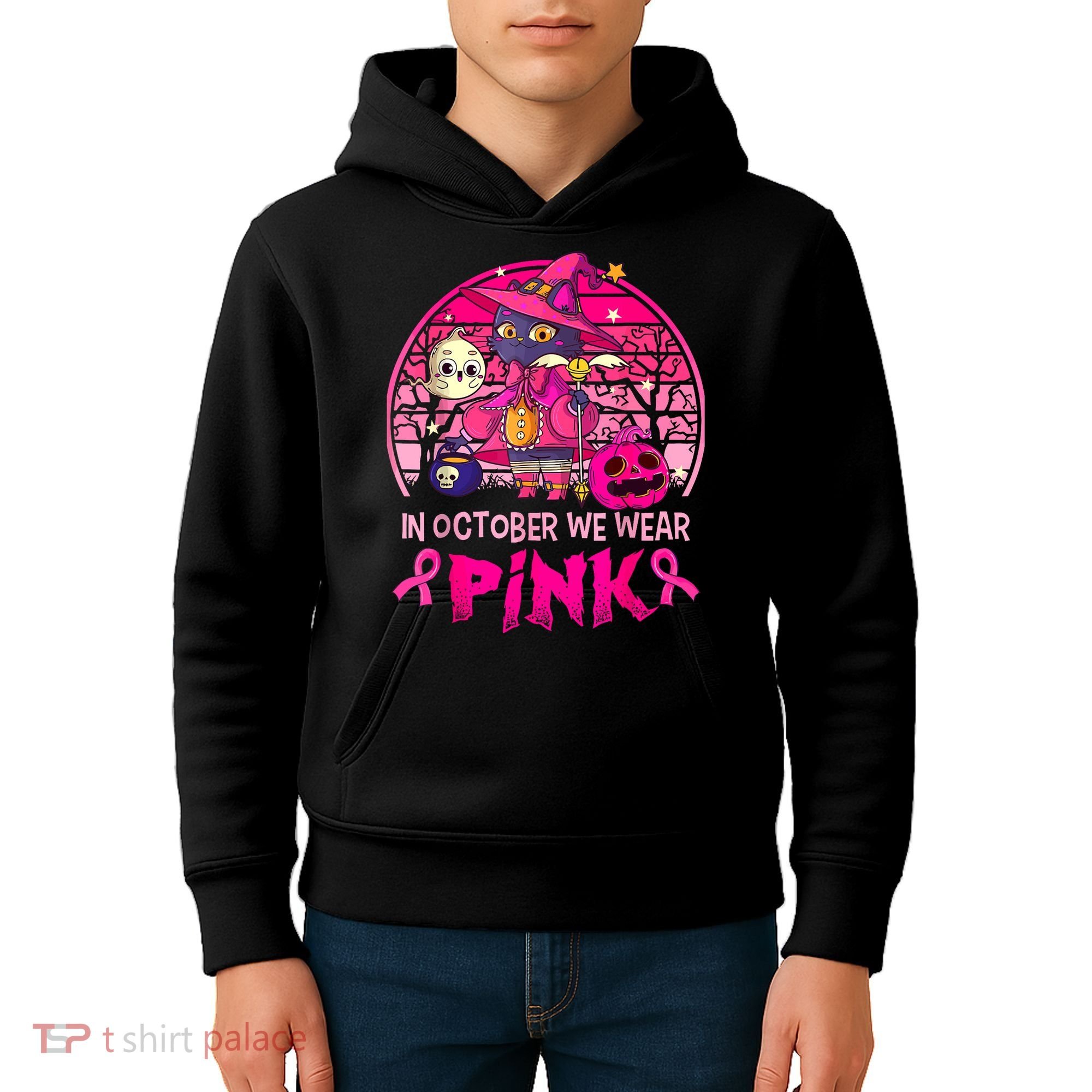 In October We Wear Pink Witch Cat Breast Cancer Awareness Kids Hoodie
