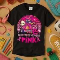 In October We Wear Pink Witch Cat Breast Cancer Awareness Kids T-Shirt thumb 3