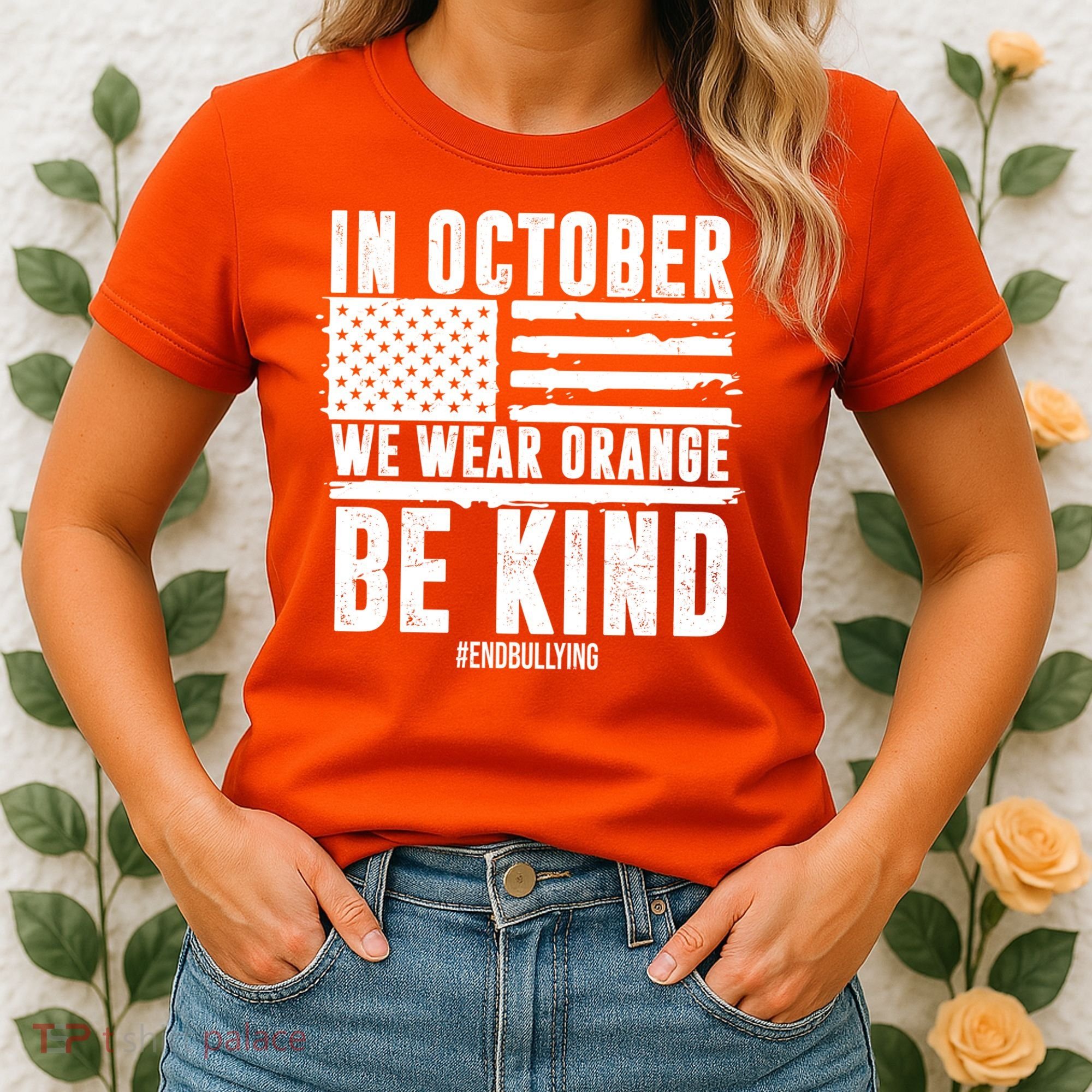 In October We Wear Orange Be Kind End Bullying Usa Flag Unity Day Women's T-Shirt